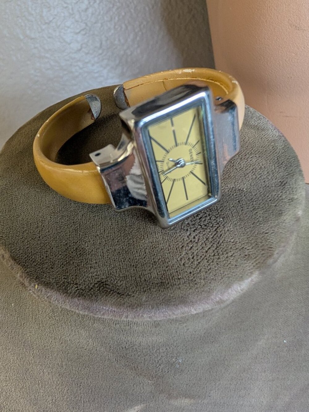 Vintage Geneva Quartz Watch with Yellow Hinged Cuff Rectangular Face